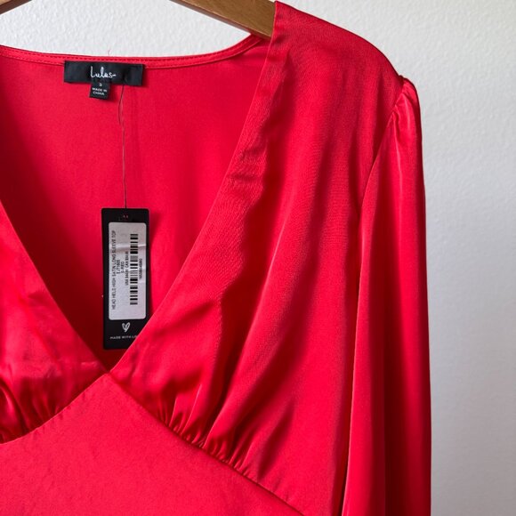 Lulus Head Held High Red Satin Long Sleeve Blouse Top | Size Small NWT - Picture 4 of 16